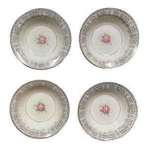 Smith Taylor Vintage Set of 4 Ivory Floral Gold Vine Trim Glazed Berry Bowls